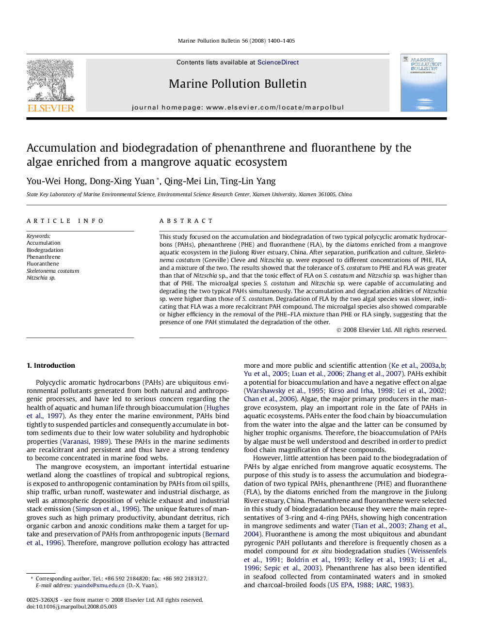 عکس صفحه اول مقاله: Accumulation and biodegradation of phenanthrene and fluoranthene by the algae enriched from a mangrove aquatic ecosystem Accumulation and biodegradation of phenanthrene and fluoranthene by the algae enriched from a mangrove aquatic ecosystem