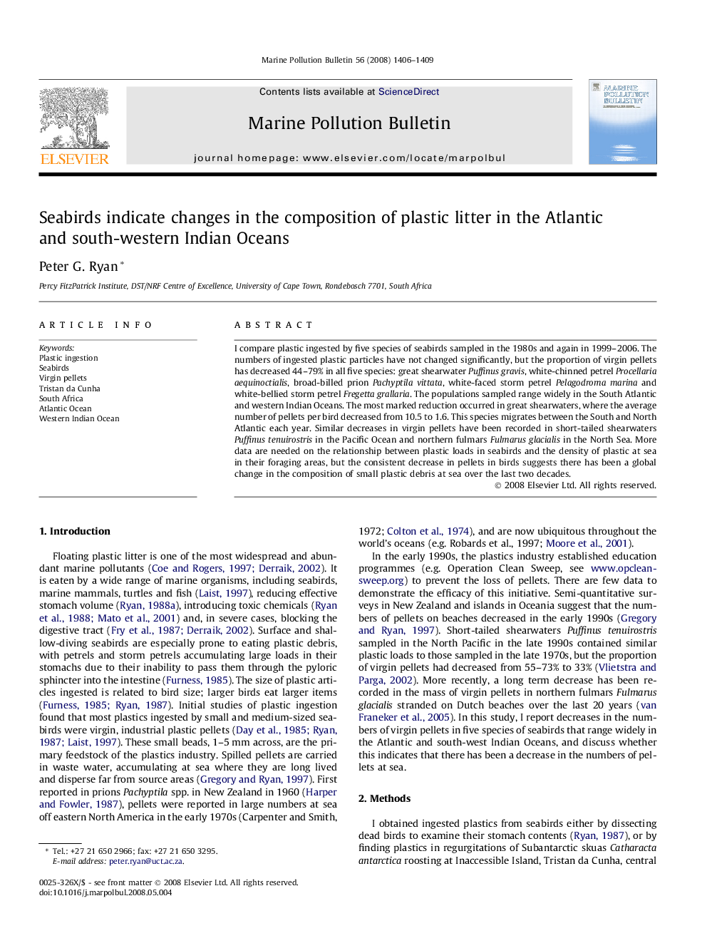 Seabirds indicate changes in the composition of plastic litter in the Atlantic and south-western Indian Oceans