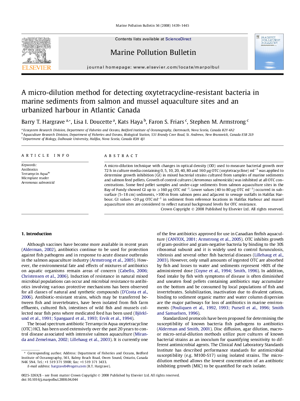 A micro-dilution method for detecting oxytetracycline-resistant bacteria in marine sediments from salmon and mussel aquaculture sites and an urbanized harbour in Atlantic Canada