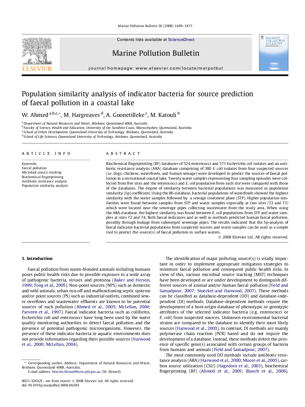 Population similarity analysis of indicator bacteria for source prediction of faecal pollution in a coastal lake