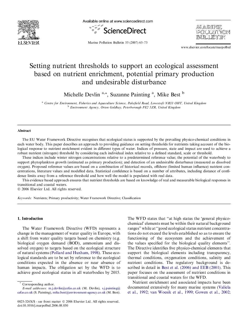 Setting nutrient thresholds to support an ecological assessment based on nutrient enrichment, potential primary production and undesirable disturbance