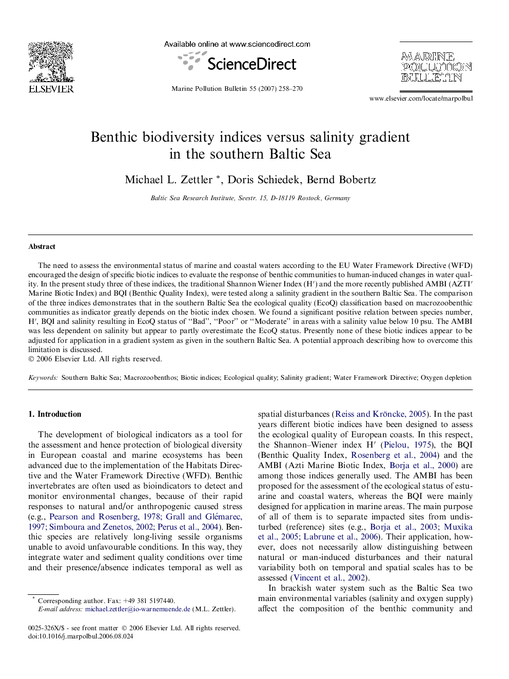 Benthic biodiversity indices versus salinity gradient in the southern Baltic Sea