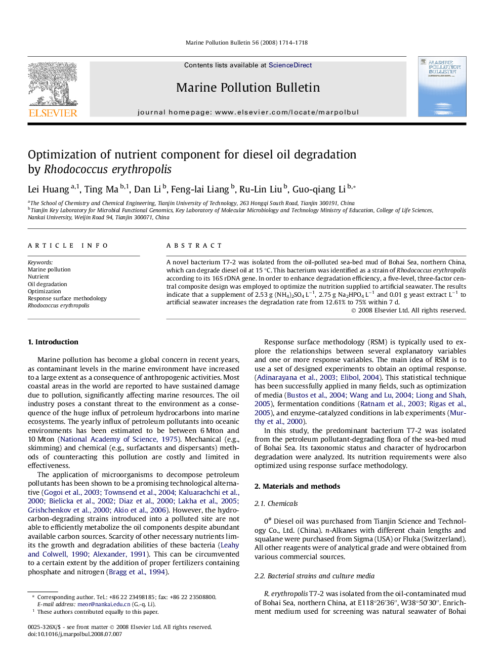 Optimization of nutrient component for diesel oil degradation by Rhodococcus erythropolis