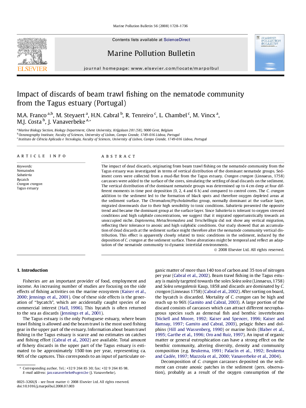 Impact of discards of beam trawl fishing on the nematode community from the Tagus estuary (Portugal)