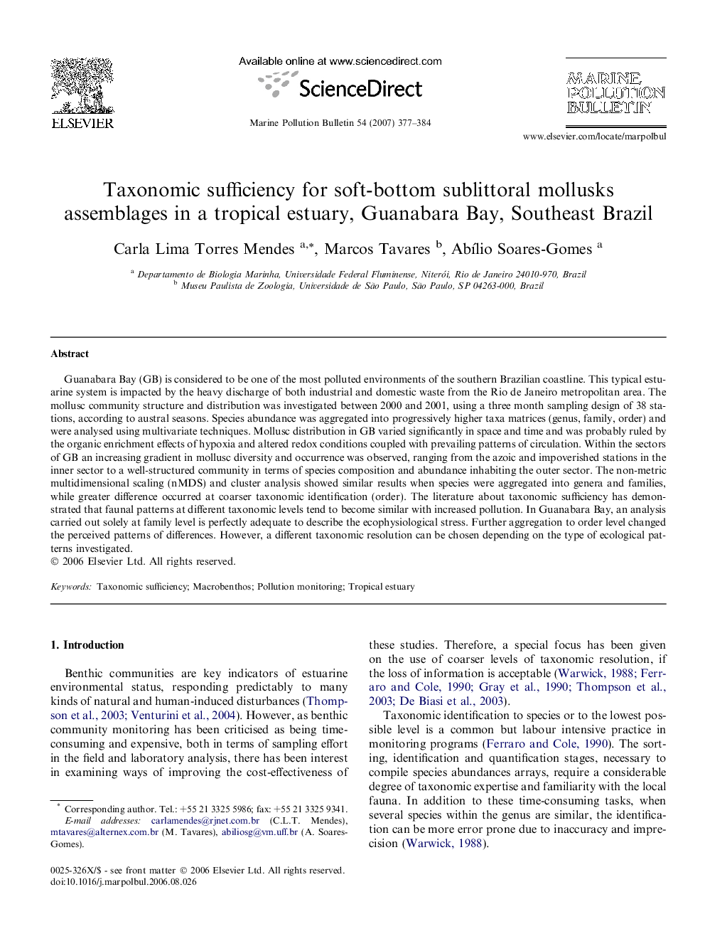 Taxonomic sufficiency for soft-bottom sublittoral mollusks assemblages in a tropical estuary, Guanabara Bay, Southeast Brazil