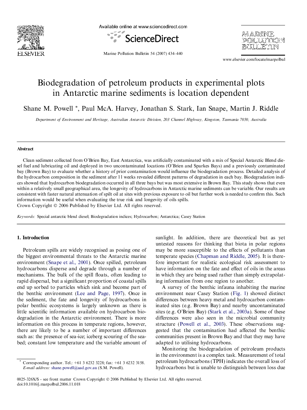 Biodegradation of petroleum products in experimental plots in Antarctic marine sediments is location dependent