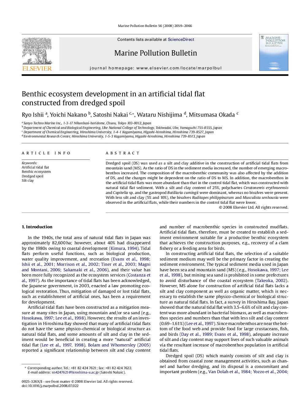 Benthic ecosystem development in an artificial tidal flat constructed from dredged spoil