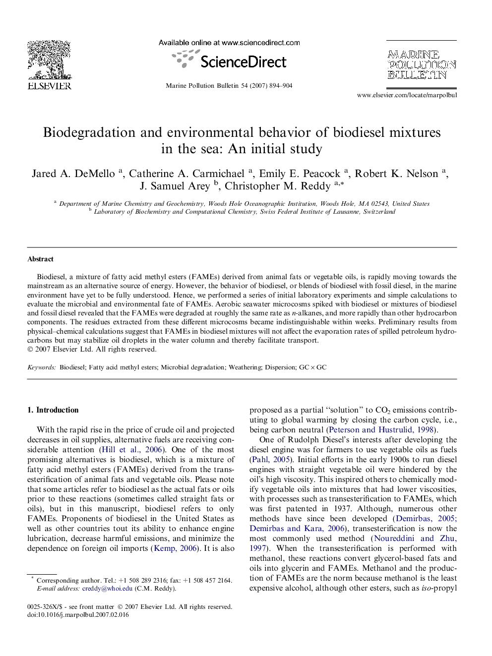 Biodegradation and environmental behavior of biodiesel mixtures in the sea: An initial study