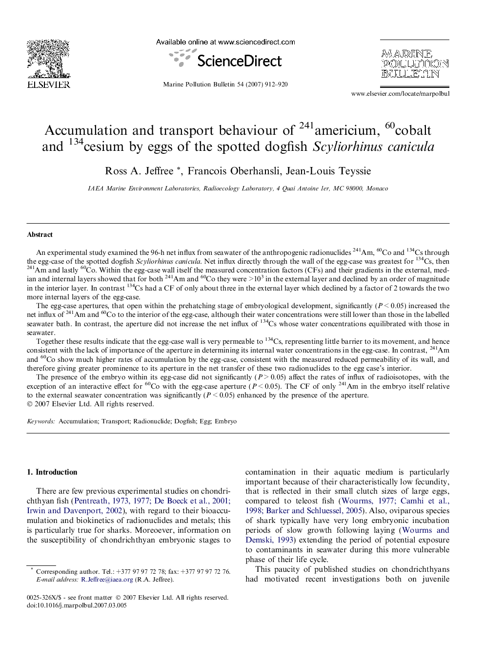 Accumulation and transport behaviour of 241americium, 60cobalt and 134cesium by eggs of the spotted dogfish Scyliorhinus canicula