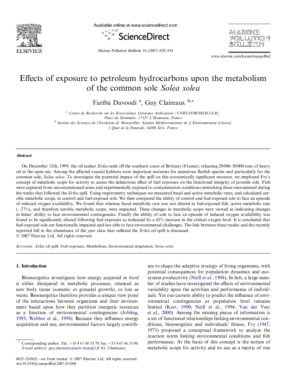 Effects of exposure to petroleum hydrocarbons upon the metabolism of the common sole Solea solea