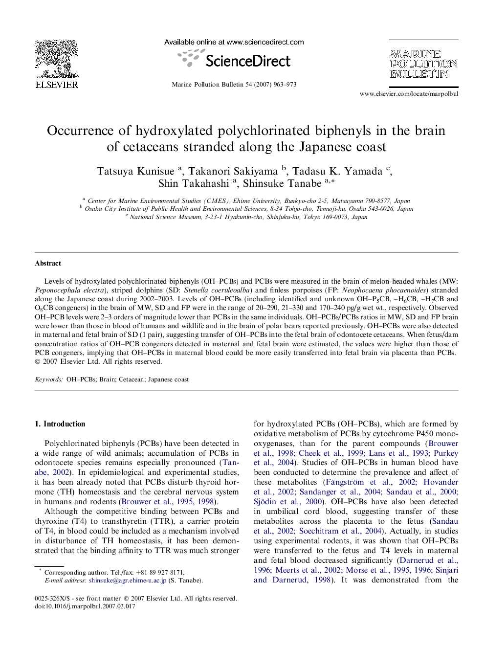 Occurrence of hydroxylated polychlorinated biphenyls in the brain of cetaceans stranded along the Japanese coast