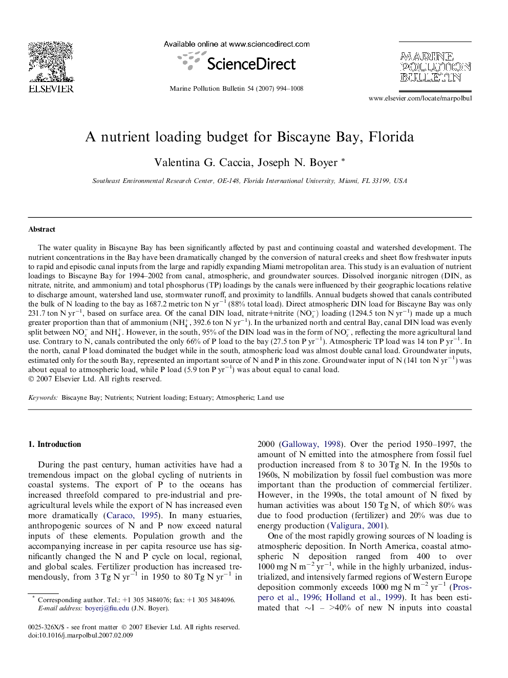 A nutrient loading budget for Biscayne Bay, Florida