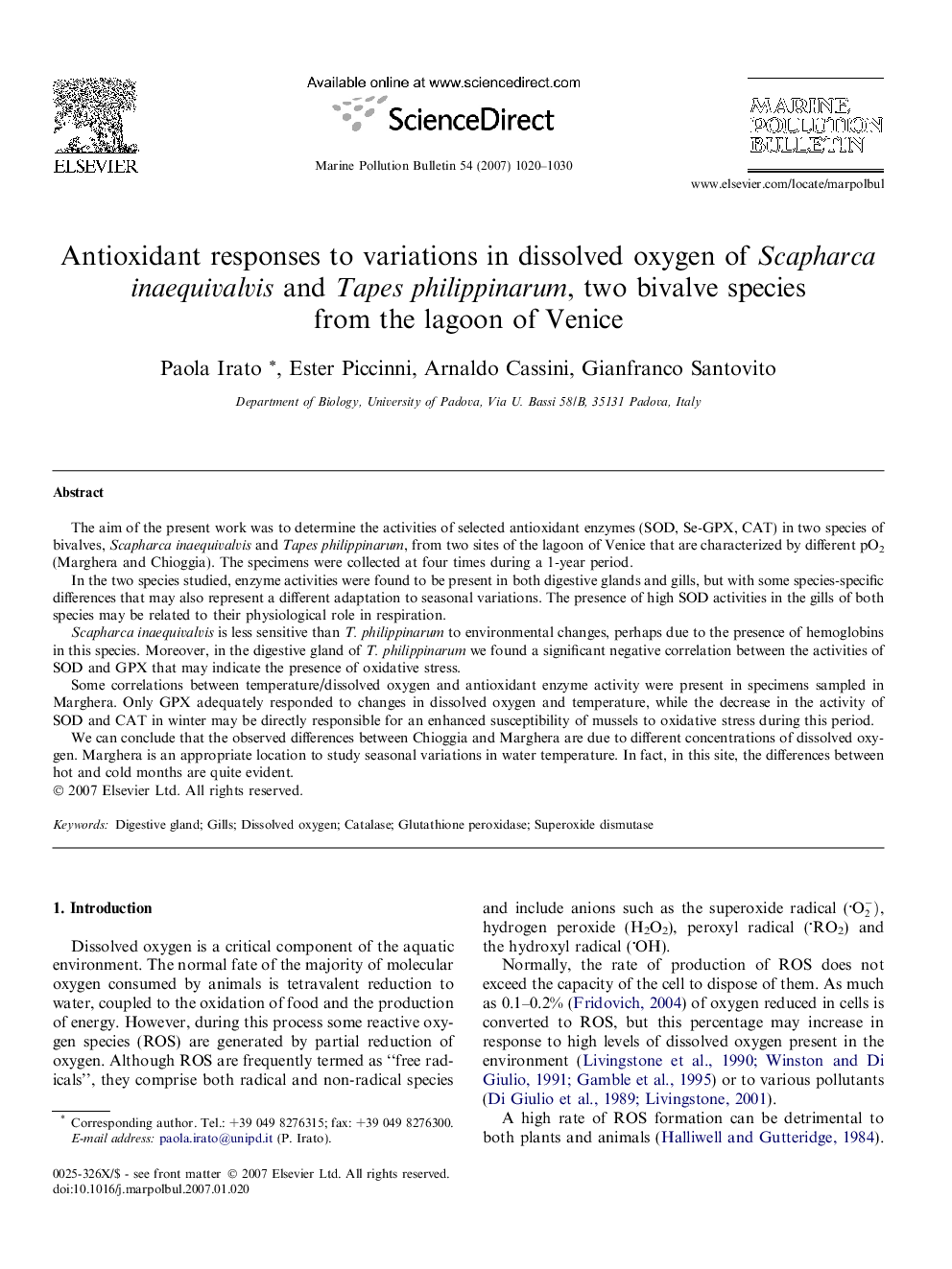 Antioxidant responses to variations in dissolved oxygen of Scapharca inaequivalvis and Tapes philippinarum, two bivalve species from the lagoon of Venice