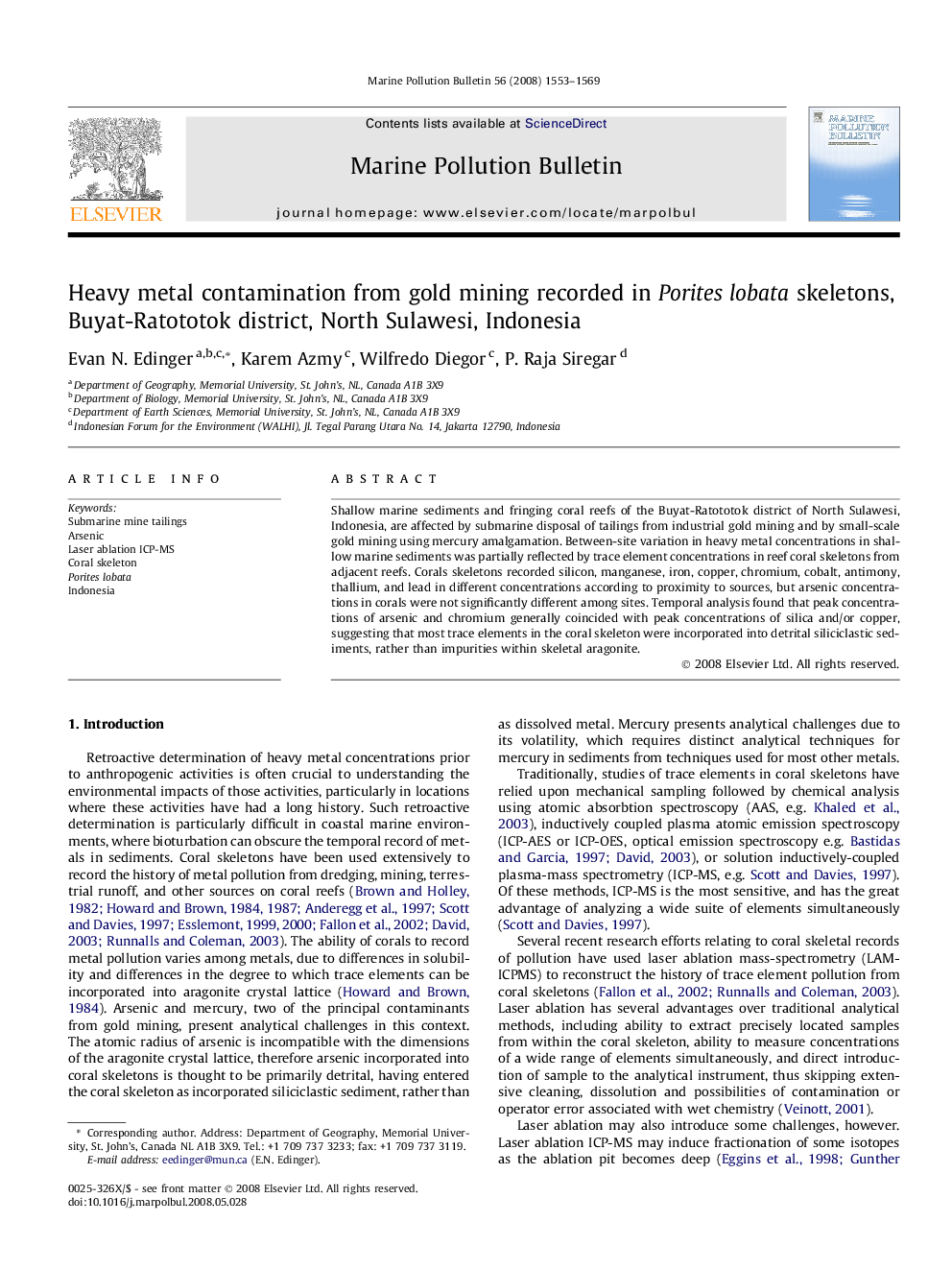 Heavy metal contamination from gold mining recorded in Porites lobata skeletons, Buyat-Ratototok district, North Sulawesi, Indonesia