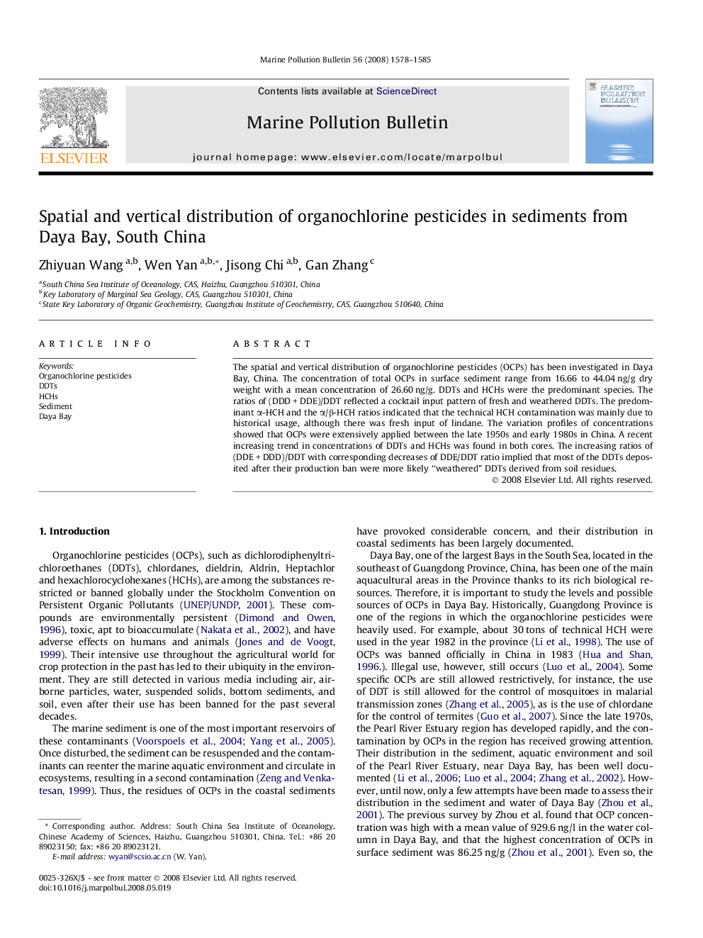 Spatial and vertical distribution of organochlorine pesticides in sediments from Daya Bay, South China