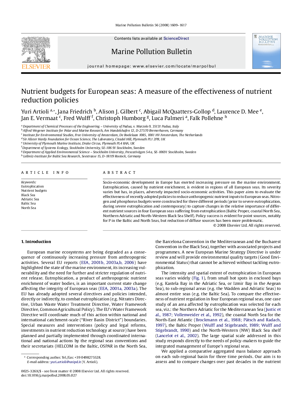 Nutrient budgets for European seas: A measure of the effectiveness of nutrient reduction policies