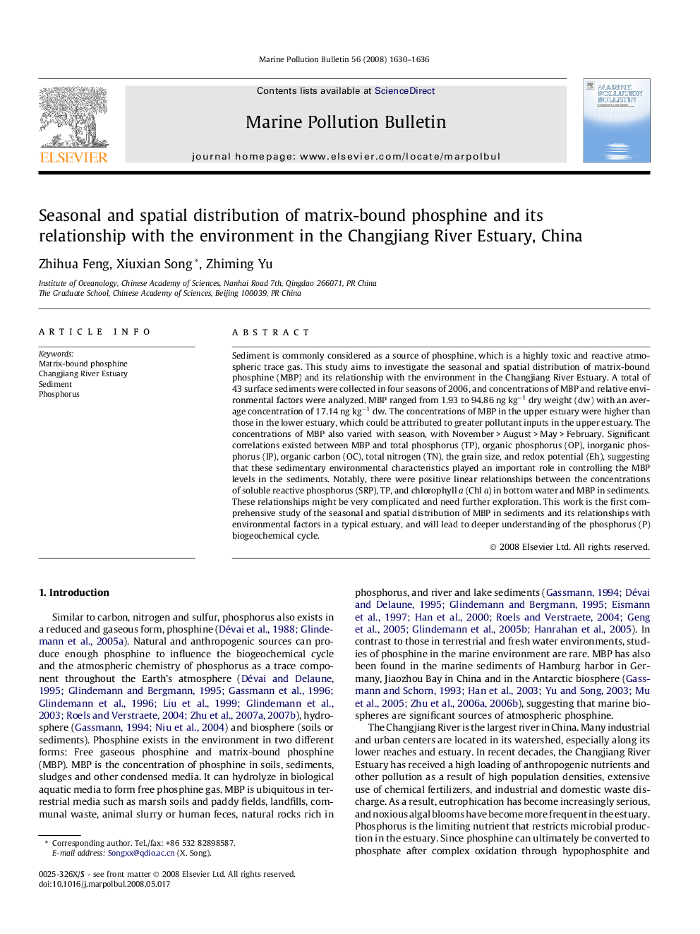 Seasonal and spatial distribution of matrix-bound phosphine and its relationship with the environment in the Changjiang River Estuary, China