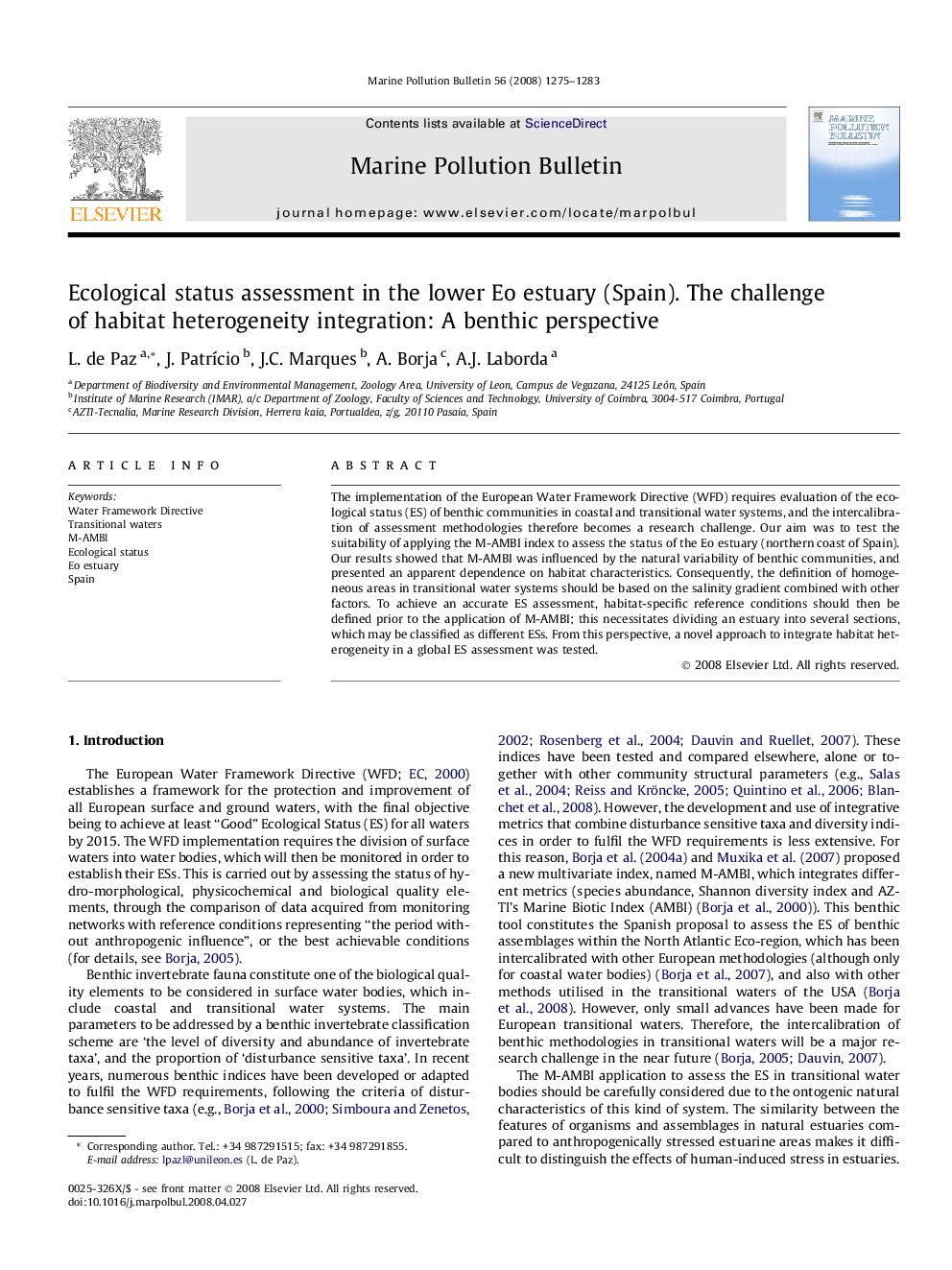 Ecological status assessment in the lower Eo estuary (Spain). The challenge of habitat heterogeneity integration: A benthic perspective