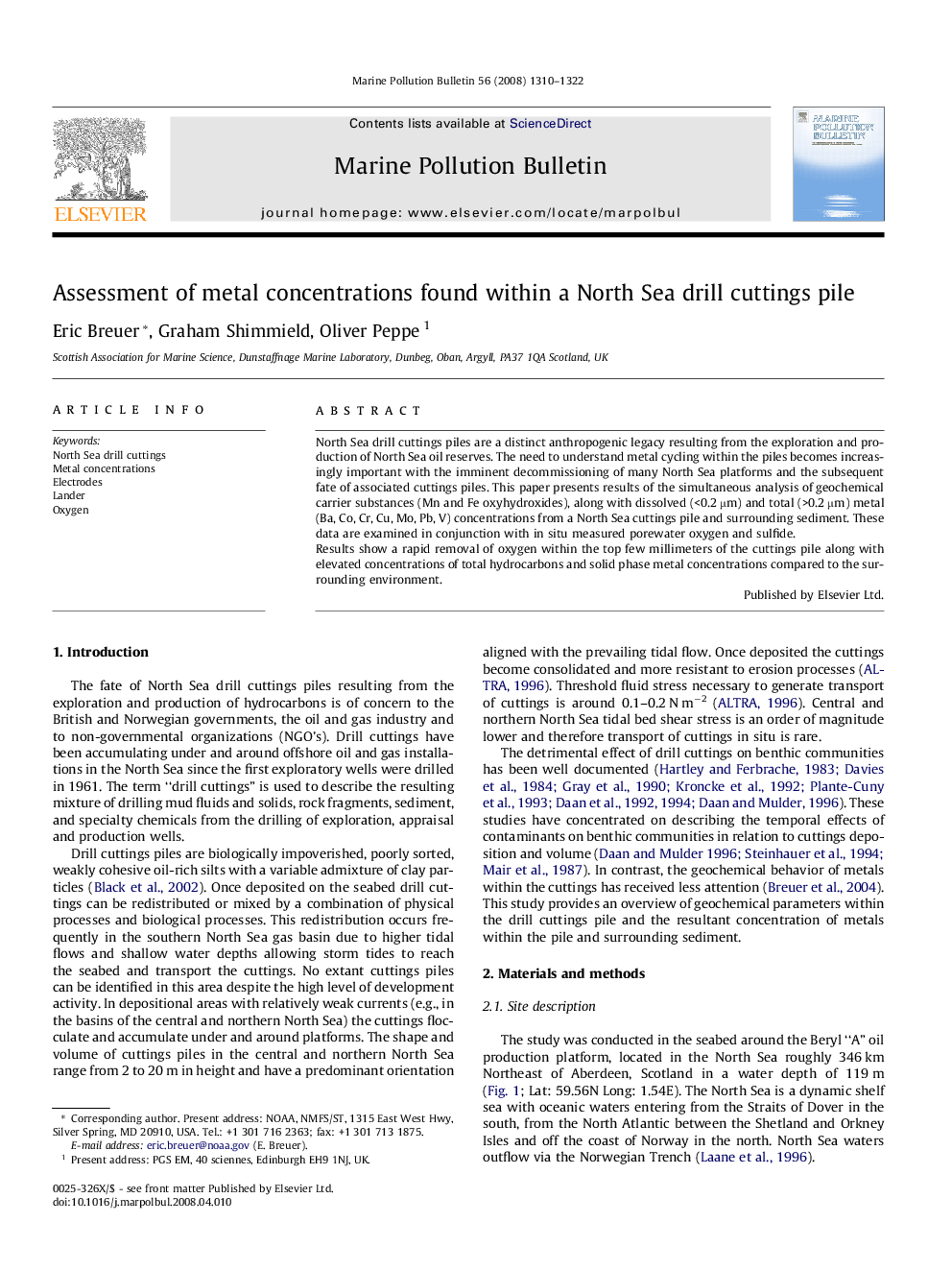 Assessment of metal concentrations found within a North Sea drill cuttings pile