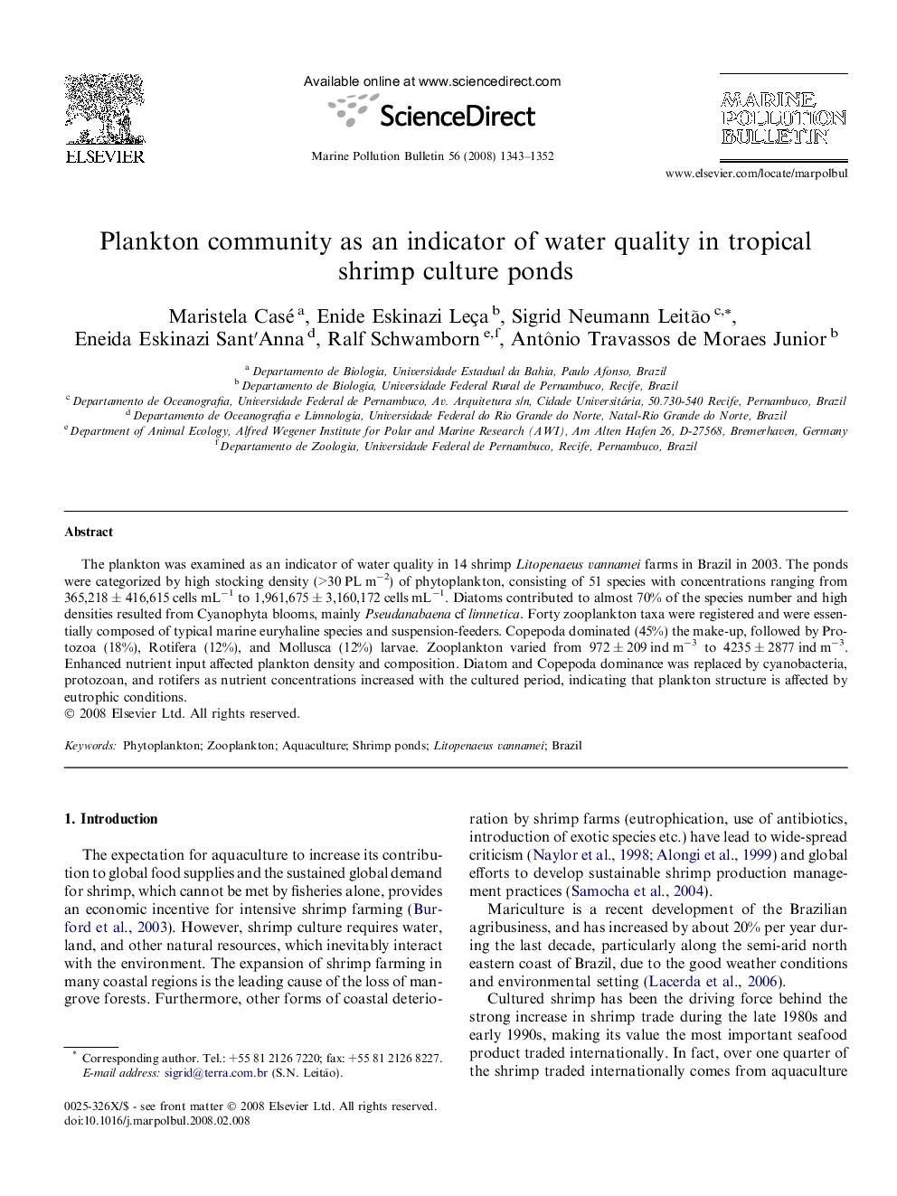 Plankton community as an indicator of water quality in tropical shrimp culture ponds