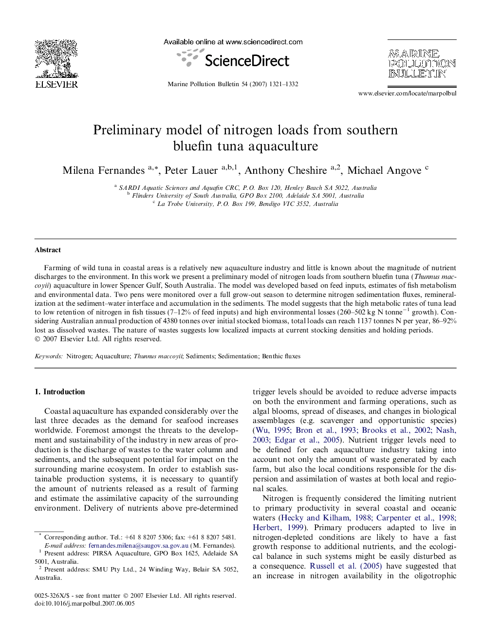 Preliminary model of nitrogen loads from southern bluefin tuna aquaculture