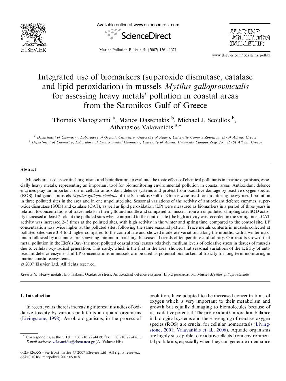 Integrated use of biomarkers (superoxide dismutase, catalase and lipid peroxidation) in mussels Mytilus galloprovincialis for assessing heavy metals’ pollution in coastal areas from the Saronikos Gulf of Greece