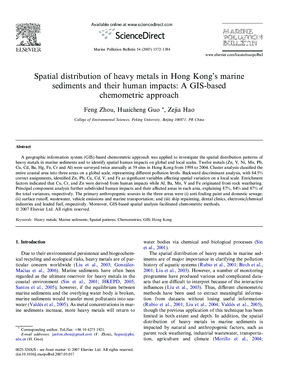 Spatial distribution of heavy metals in Hong Kong’s marine sediments and their human impacts: A GIS-based chemometric approach