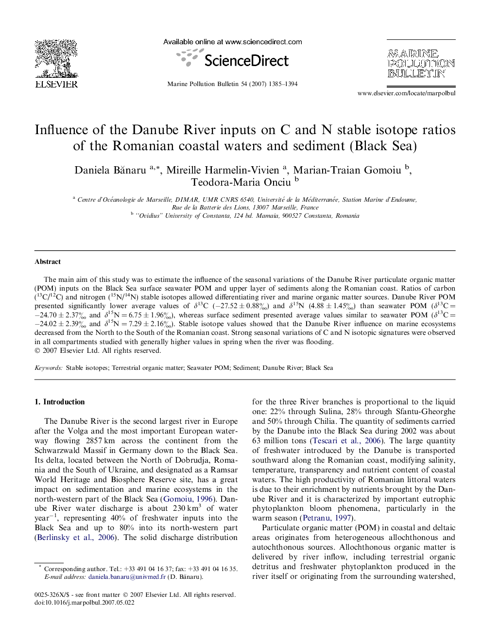 Influence of the Danube River inputs on C and N stable isotope ratios of the Romanian coastal waters and sediment (Black Sea)