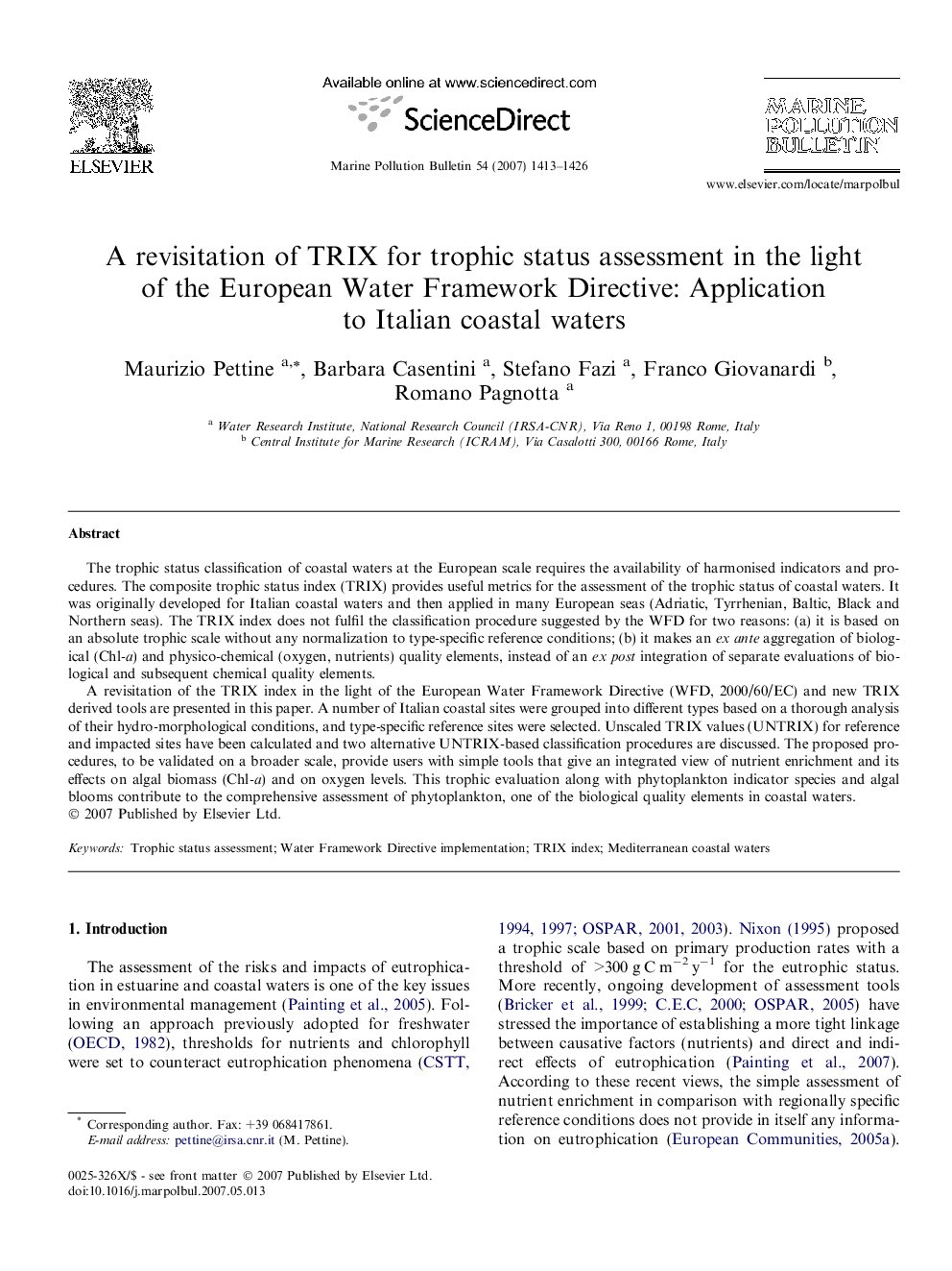 A revisitation of TRIX for trophic status assessment in the light of the European Water Framework Directive: Application to Italian coastal waters