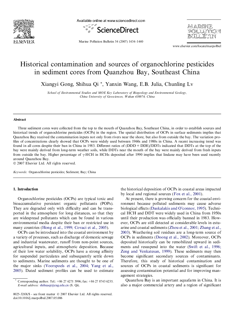 Historical contamination and sources of organochlorine pesticides in sediment cores from Quanzhou Bay, Southeast China