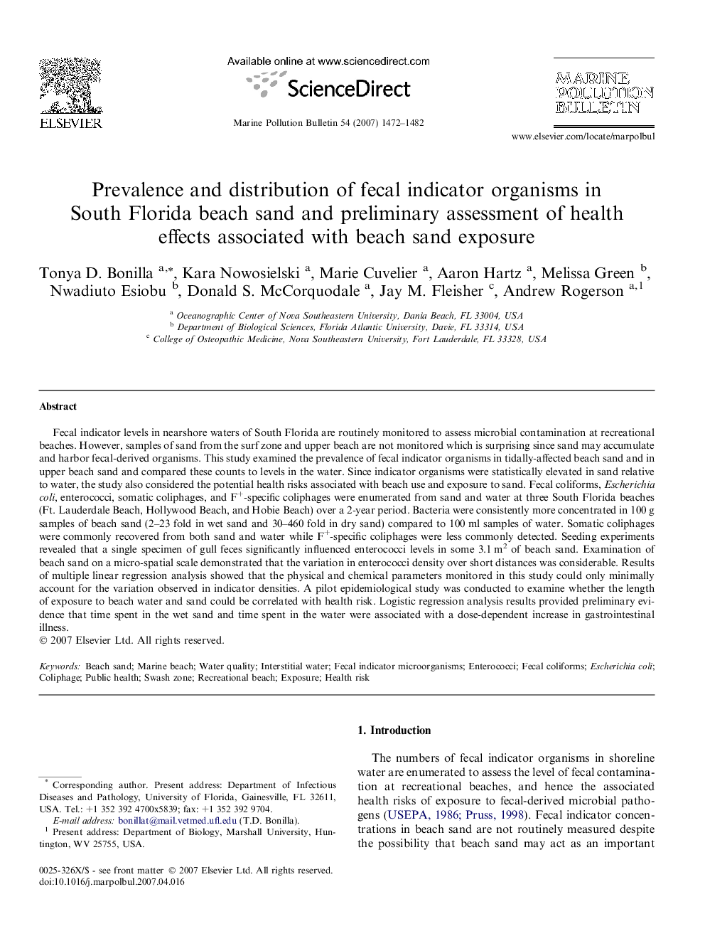 Prevalence and distribution of fecal indicator organisms in South Florida beach sand and preliminary assessment of health effects associated with beach sand exposure