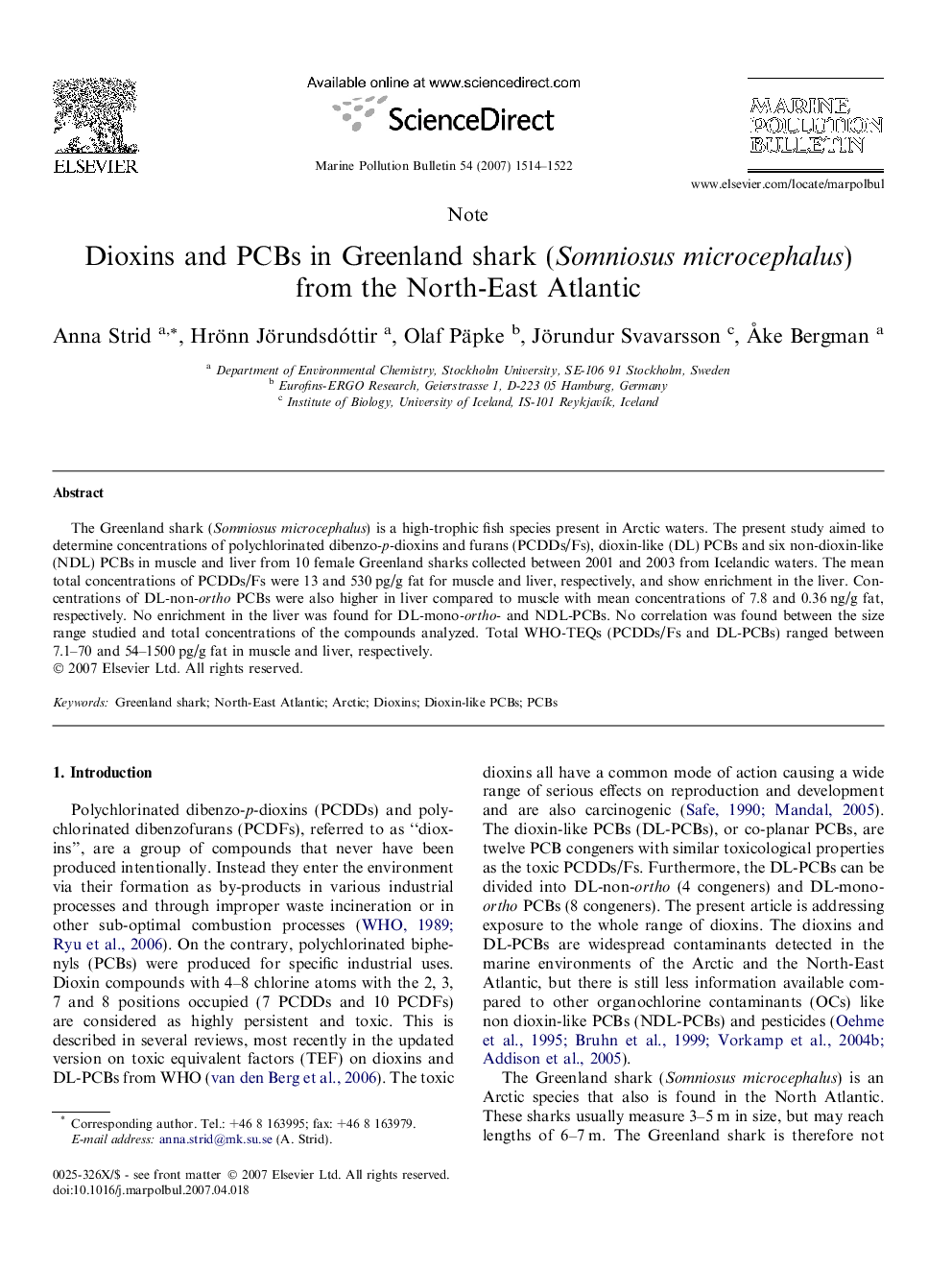 Dioxins and PCBs in Greenland shark (Somniosus microcephalus) from the North-East Atlantic