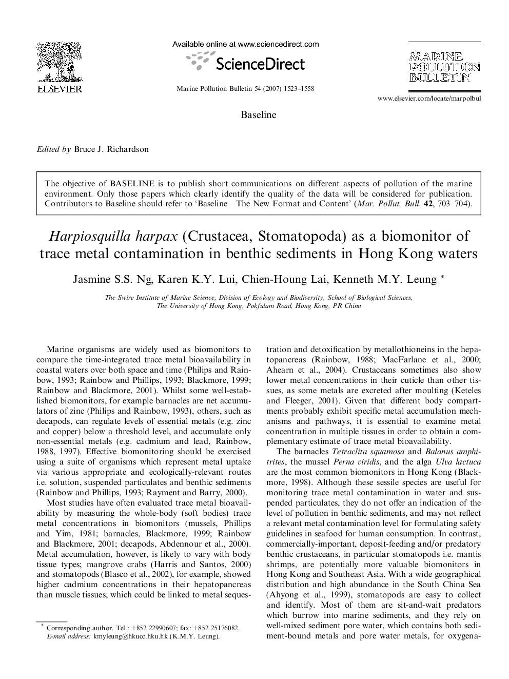 Harpiosquilla harpax (Crustacea, Stomatopoda) as a biomonitor of trace metal contamination in benthic sediments in Hong Kong waters