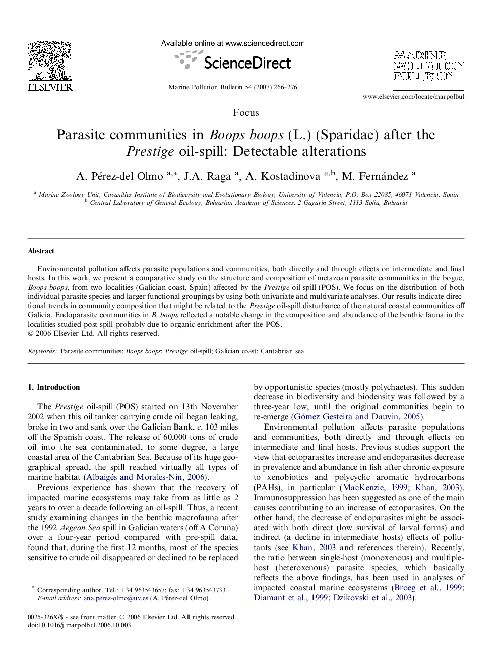 Parasite communities in Boops boops (L.) (Sparidae) after the Prestige oil-spill: Detectable alterations