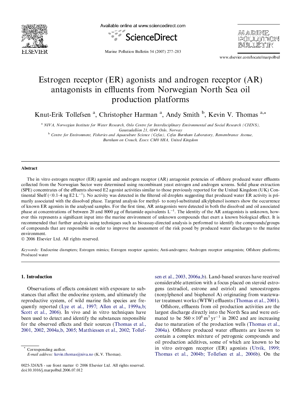 Estrogen receptor (ER) agonists and androgen receptor (AR) antagonists in effluents from Norwegian North Sea oil production platforms