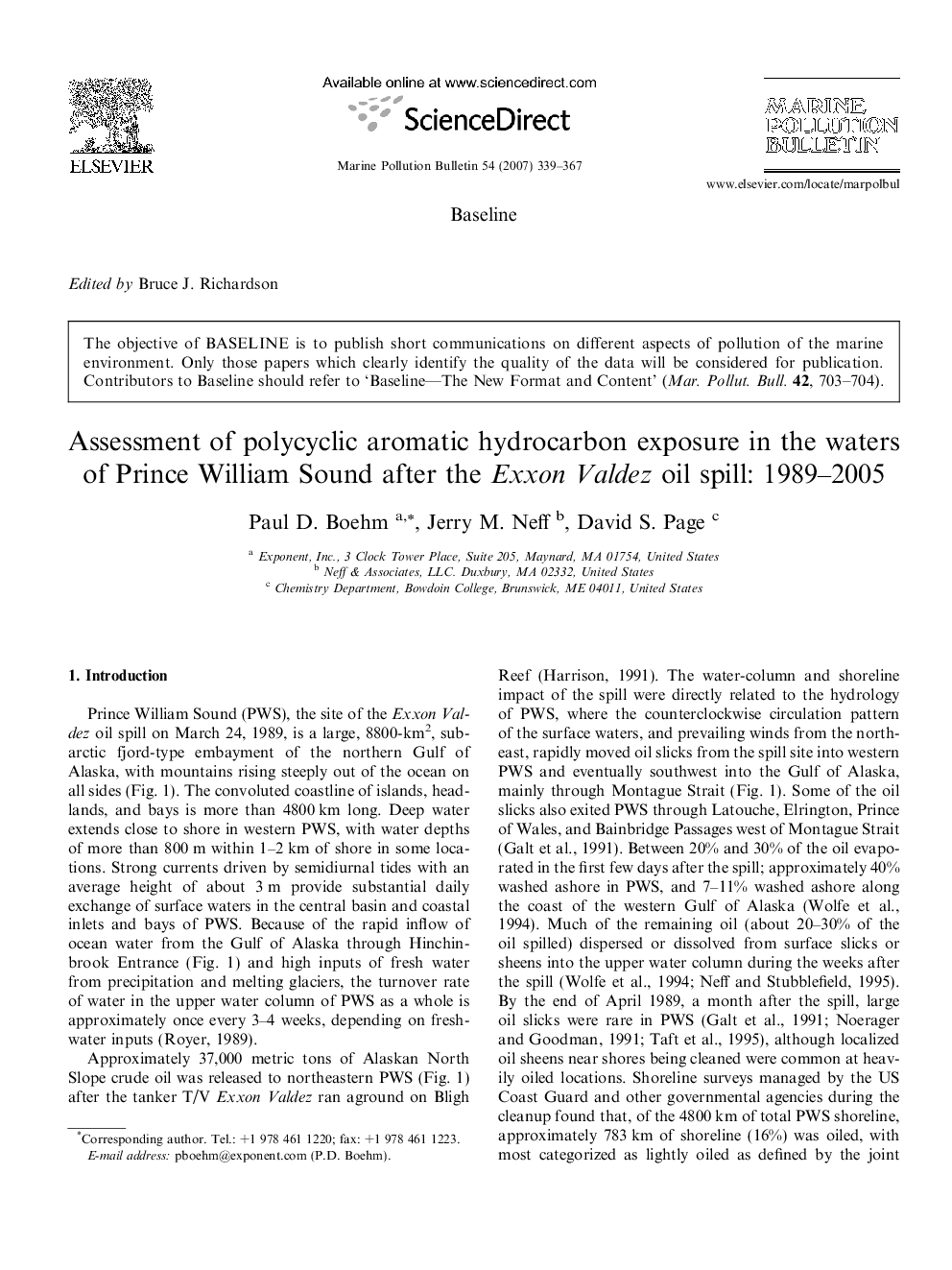 Assessment of polycyclic aromatic hydrocarbon exposure in the waters of Prince William Sound after the Exxon Valdez oil spill: 1989-2005