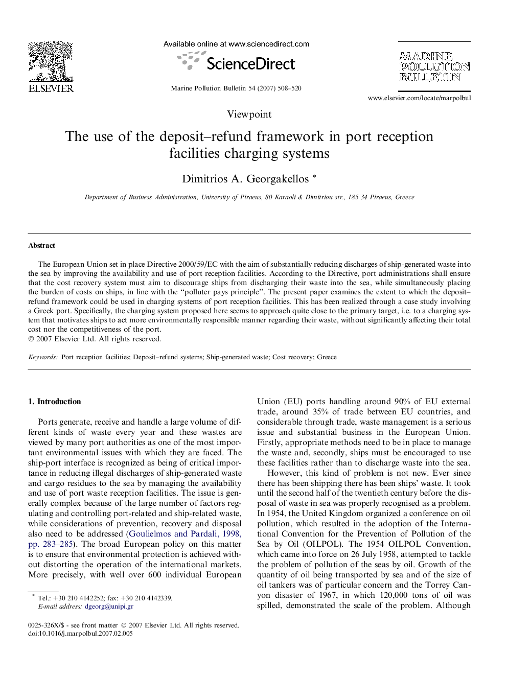 The use of the deposit–refund framework in port reception facilities charging systems