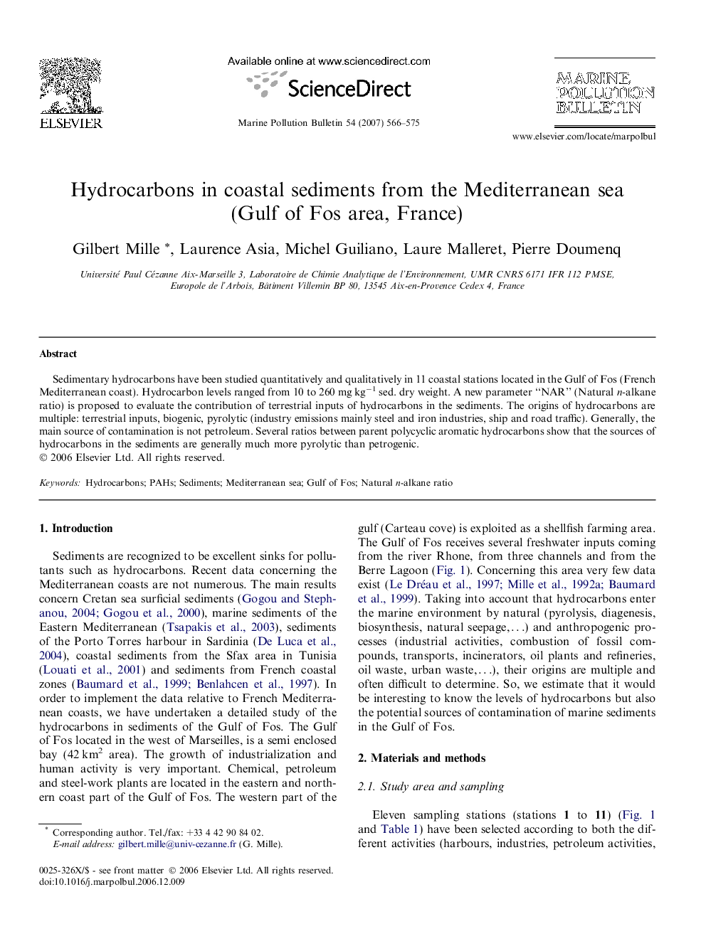 Hydrocarbons in coastal sediments from the Mediterranean sea (Gulf of Fos area, France)