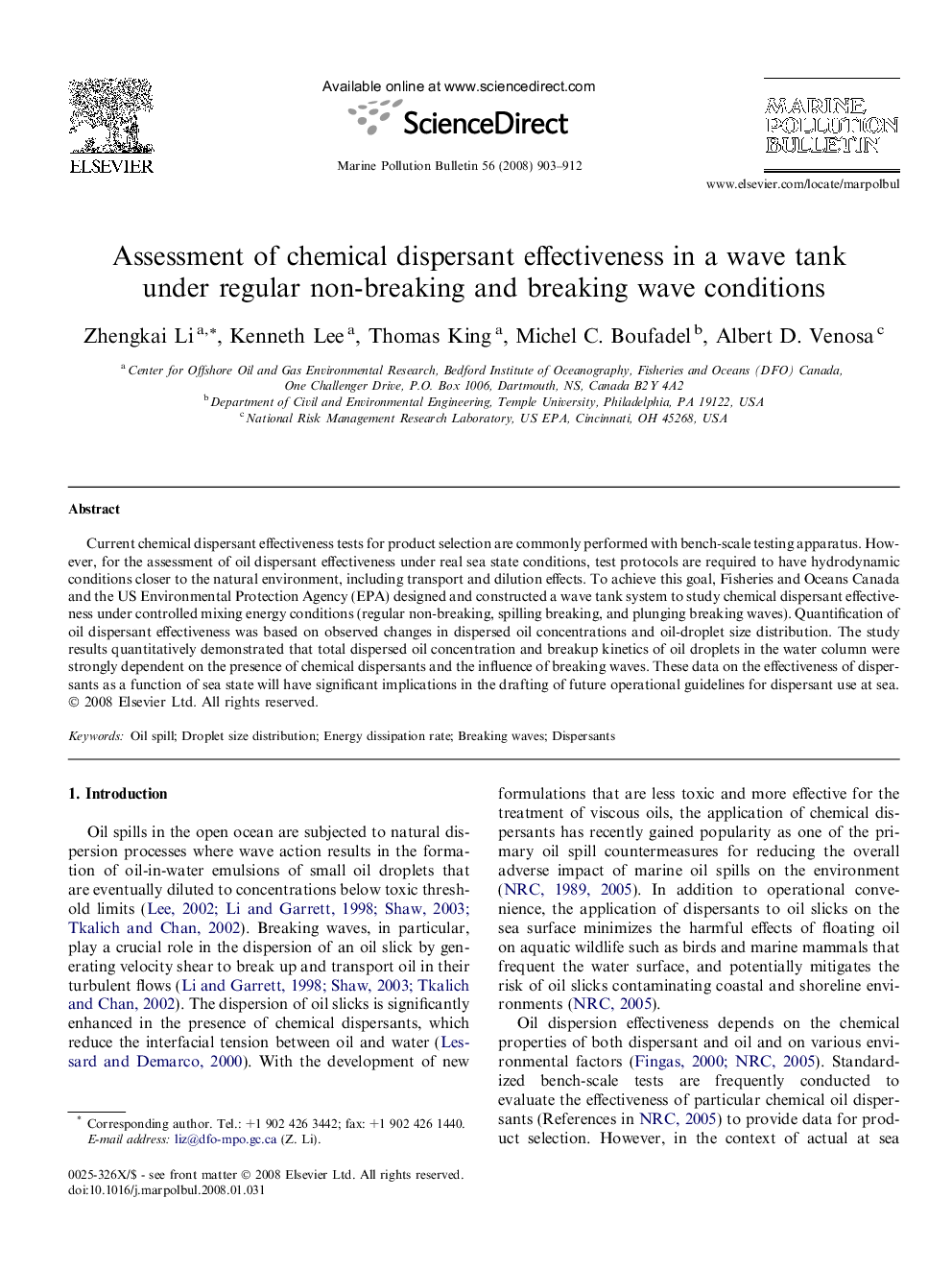 Assessment of chemical dispersant effectiveness in a wave tank under regular non-breaking and breaking wave conditions