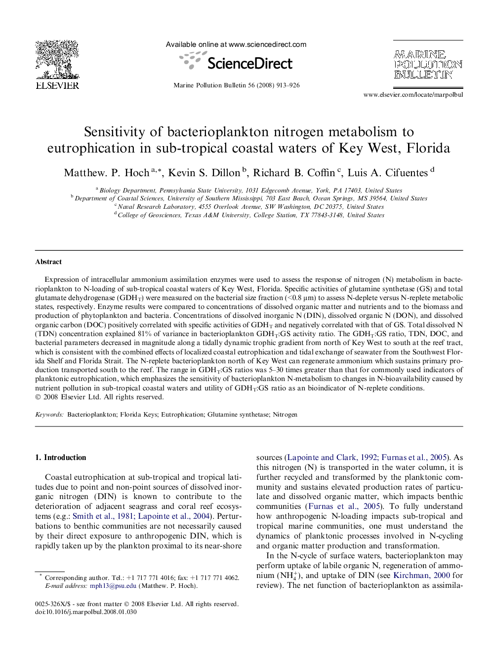 Sensitivity of bacterioplankton nitrogen metabolism to eutrophication in sub-tropical coastal waters of Key West, Florida