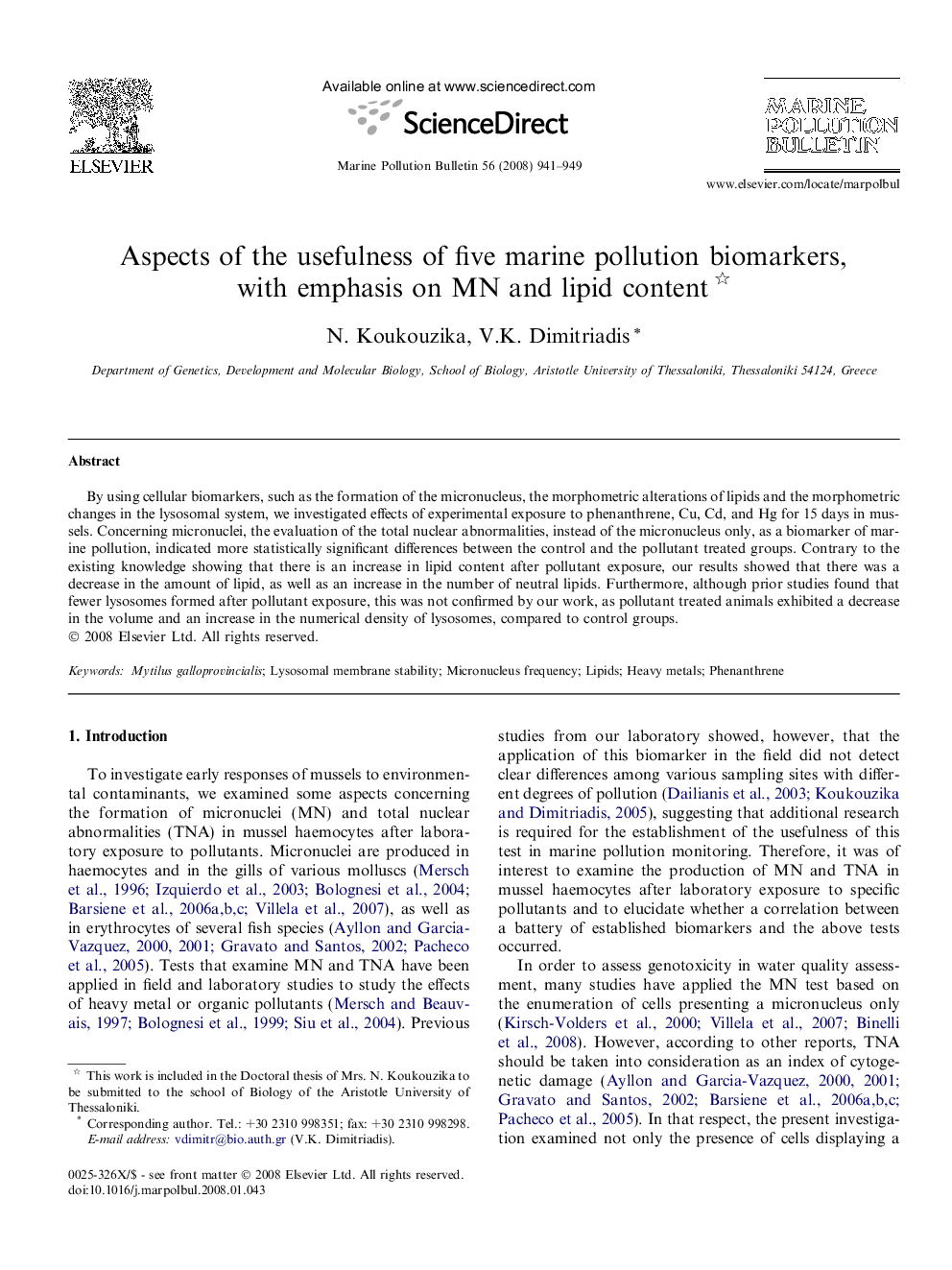 Aspects of the usefulness of five marine pollution biomarkers, with emphasis on MN and lipid content 