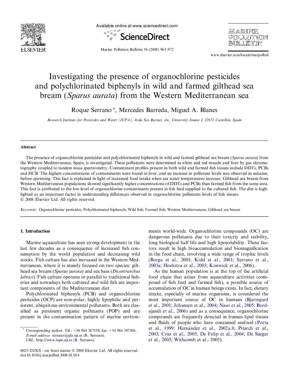 Investigating the presence of organochlorine pesticides and polychlorinated biphenyls in wild and farmed gilthead sea bream (Sparus aurata) from the Western Mediterranean sea