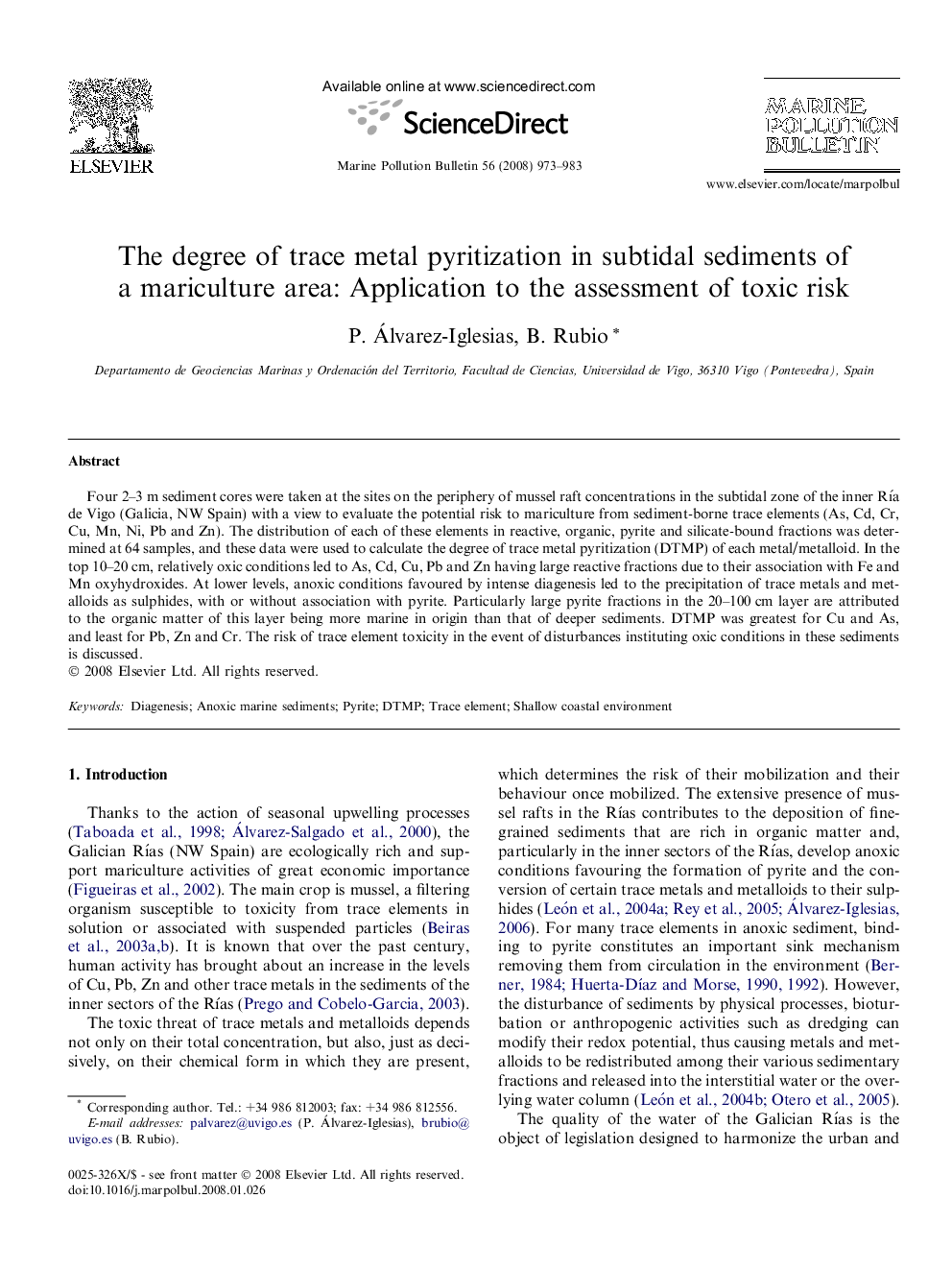 The degree of trace metal pyritization in subtidal sediments of a mariculture area: Application to the assessment of toxic risk