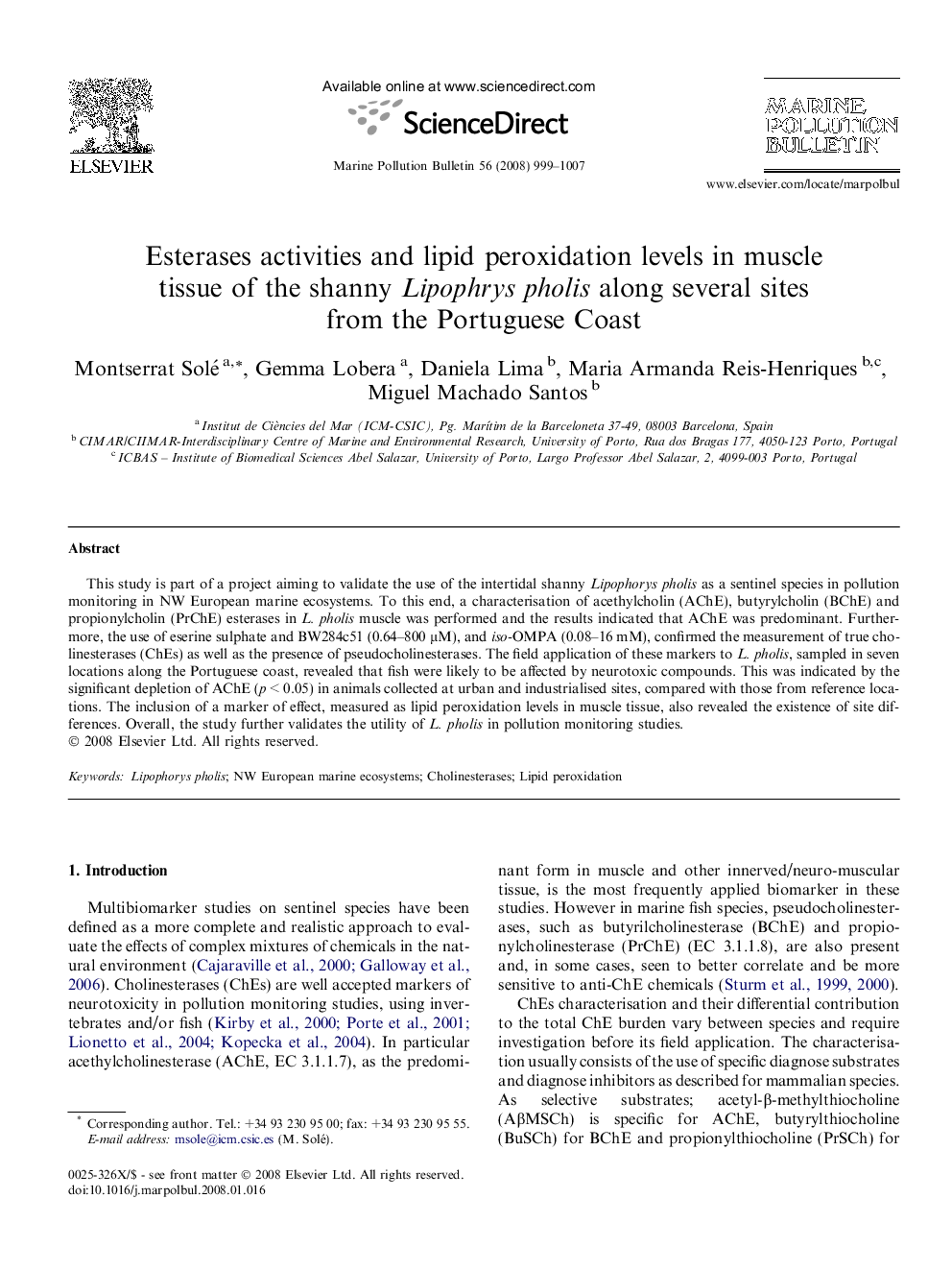 Esterases activities and lipid peroxidation levels in muscle tissue of the shanny Lipophrys pholis along several sites from the Portuguese Coast