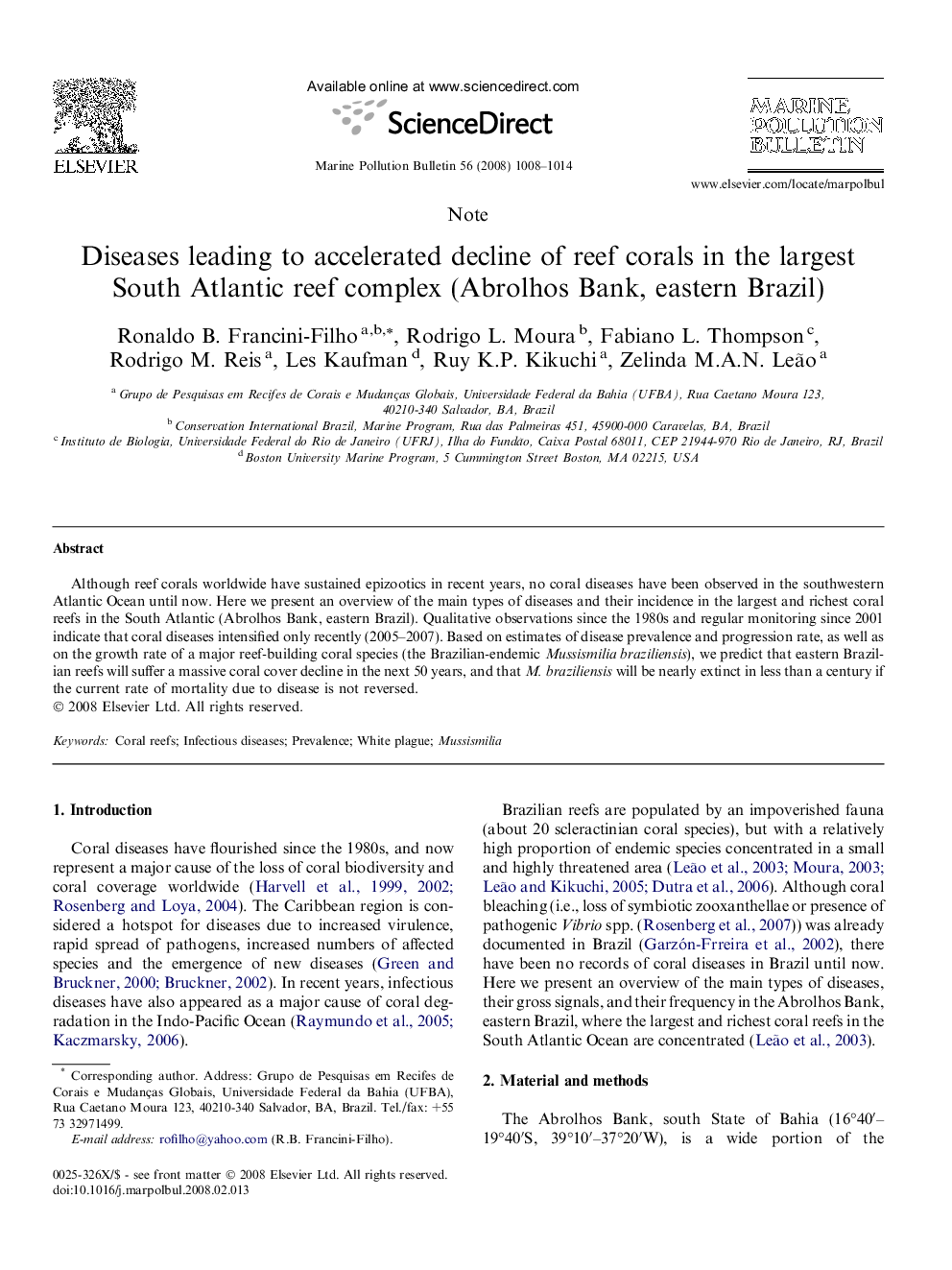 Diseases leading to accelerated decline of reef corals in the largest South Atlantic reef complex (Abrolhos Bank, eastern Brazil)