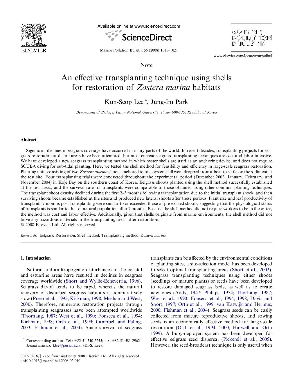 An effective transplanting technique using shells for restoration of Zostera marina habitats