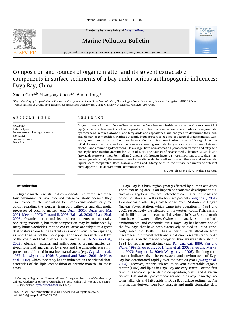 Composition and sources of organic matter and its solvent extractable components in surface sediments of a bay under serious anthropogenic influences: Daya Bay, China