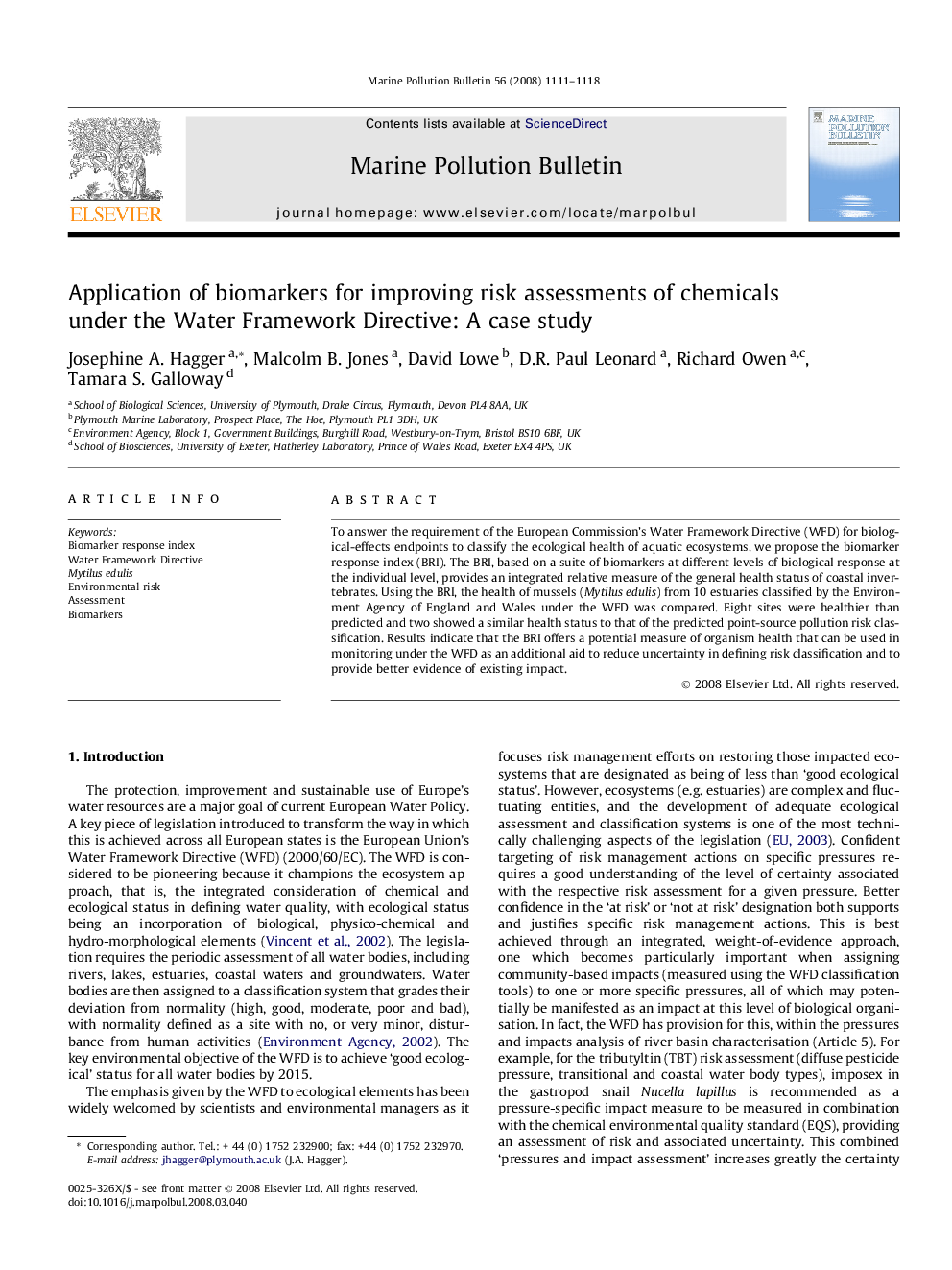 Application of biomarkers for improving risk assessments of chemicals under the Water Framework Directive: A case study