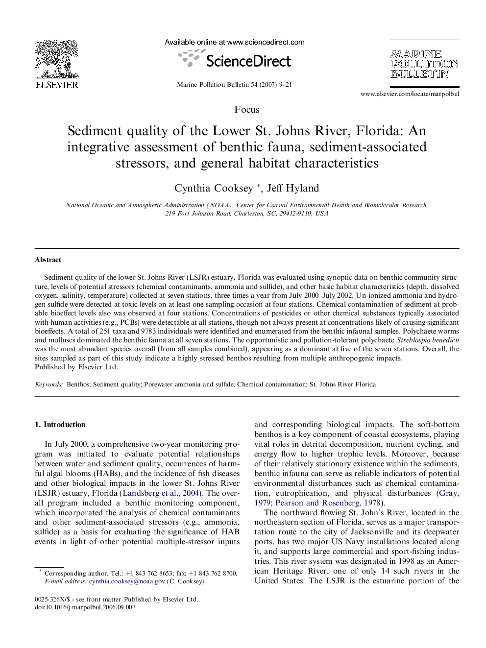 Sediment quality of the Lower St. Johns River, Florida: An integrative assessment of benthic fauna, sediment-associated stressors, and general habitat characteristics