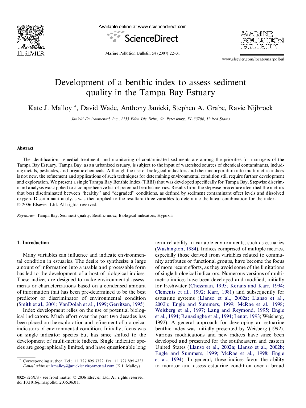 Development of a benthic index to assess sediment quality in the Tampa Bay Estuary